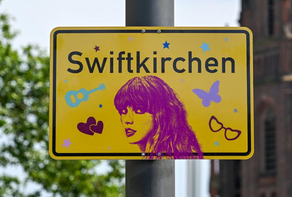 Ahead of the concerts, the city put up signs temporarily renaming itself ‘Swiftkirchen’ (AFP via Getty Images)