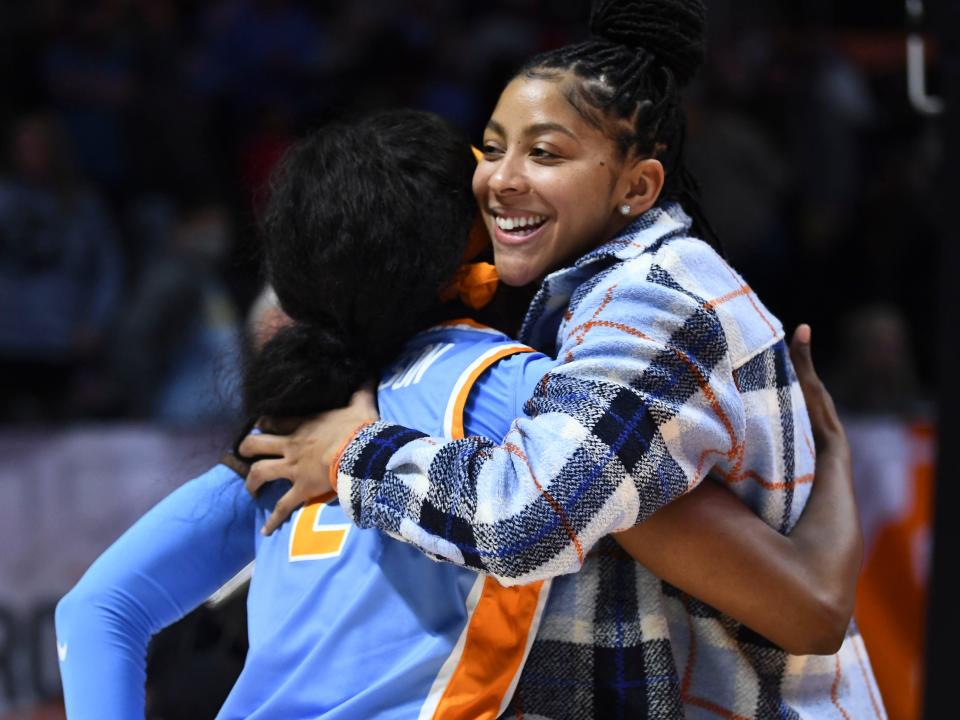 Candace Parker congratulates Rickea Jackson (2) after the NCAA college basketball game between the Tennessee Lady Vols and Georgia on Sunday, January 15, 2023 in Knoxville, Tenn. 