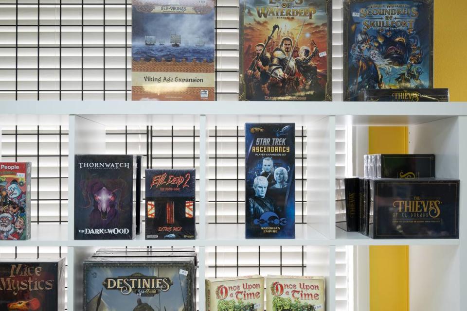 New games for sale at Meeple Valley Board Game Cafe in Modesto, Calif., Thursday, March 21, 2024.