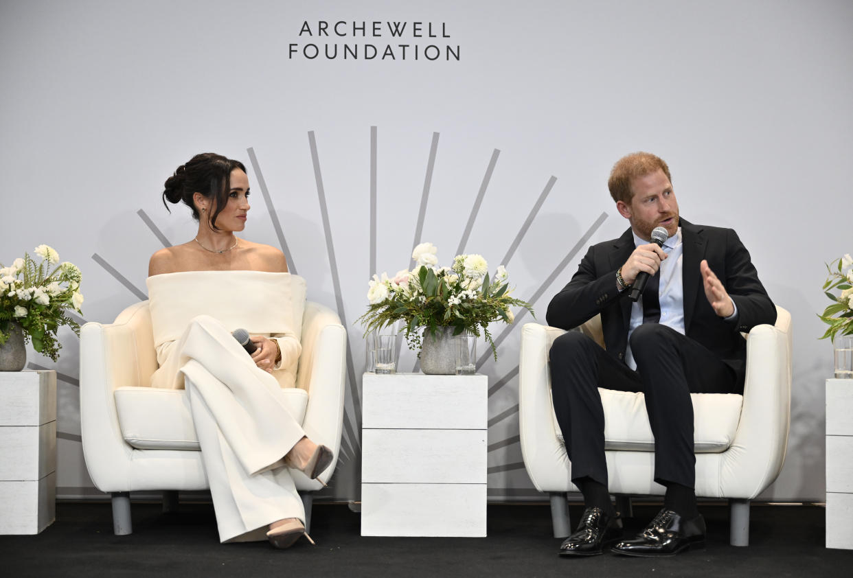 Meghan, Duchess of Sussex, left, and Britain's Prince Harry, The Duke of Sussex, participate in The Archewell Foundation Parents' Summit 