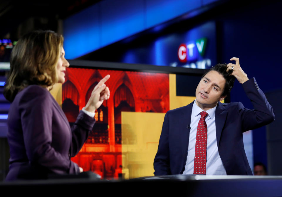 Liberal leader and Canadian Prime Minister Justin Trudeau attends an interview with Lisa Laflamme at CTV studio during an election campaign visit to Toronto, Ontario, Canada October 9, 2019. REUTERS/Stephane Mahe