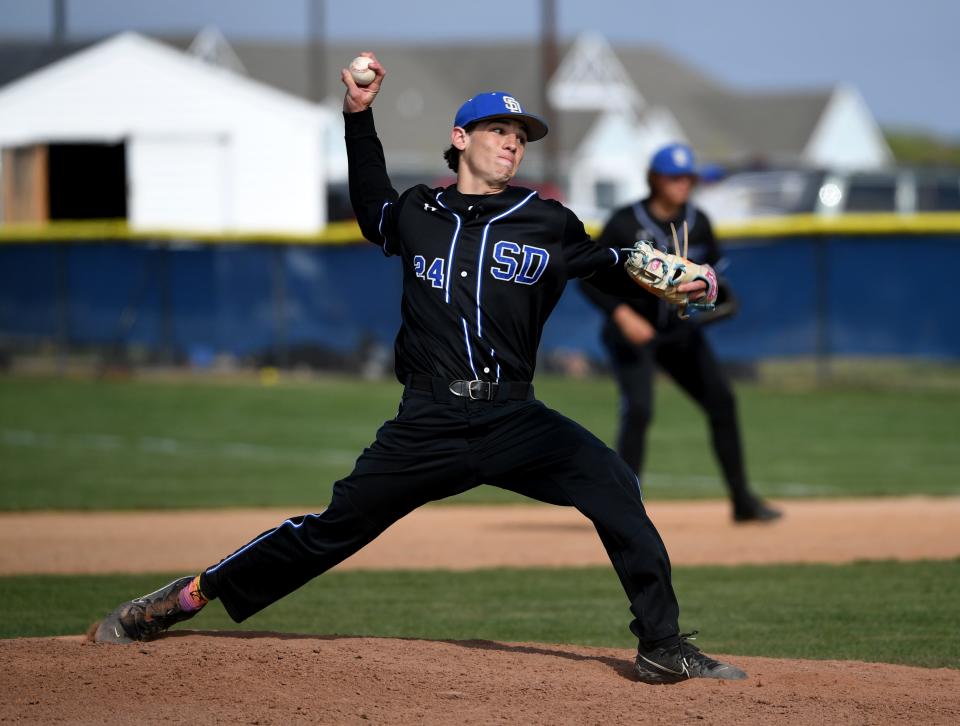 Decatur's Lukas Loring (24) pitches against Parkside Thursday, April 25, 2024, in Berlin, Maryland. Decatur defeated Parkside 1-0 after 12 innings.