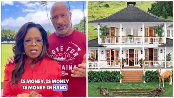 Maui locals accuse Oprah Winfrey of hiring firefighters to protect her home as wildfires ravaged communities, leaving thousands displaced. (Photos: Oprah and Dwayne “The Rock” Johnson. Courtesy: Oprah/Instagram. Artist rendering of Oprah Winfrey’s home in Maui. Courtesy: Michel Arnaud for Oprah.com.)