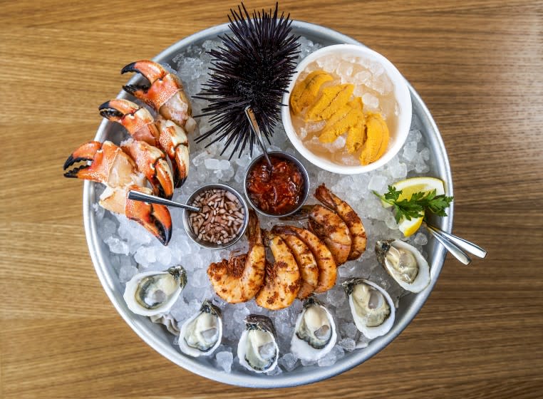 LOS OLIVOS, CA - SEPTEMBER 02, 2021:Jonah crab claws, Santa Barbara sea urchin, peel & eat shrimp, and Pacific Gold Reserves oysters are on the menu at Bar Le Cote, a new seafood restaurant in Los Olivos. (Mel Melcon / Los Angeles Times)