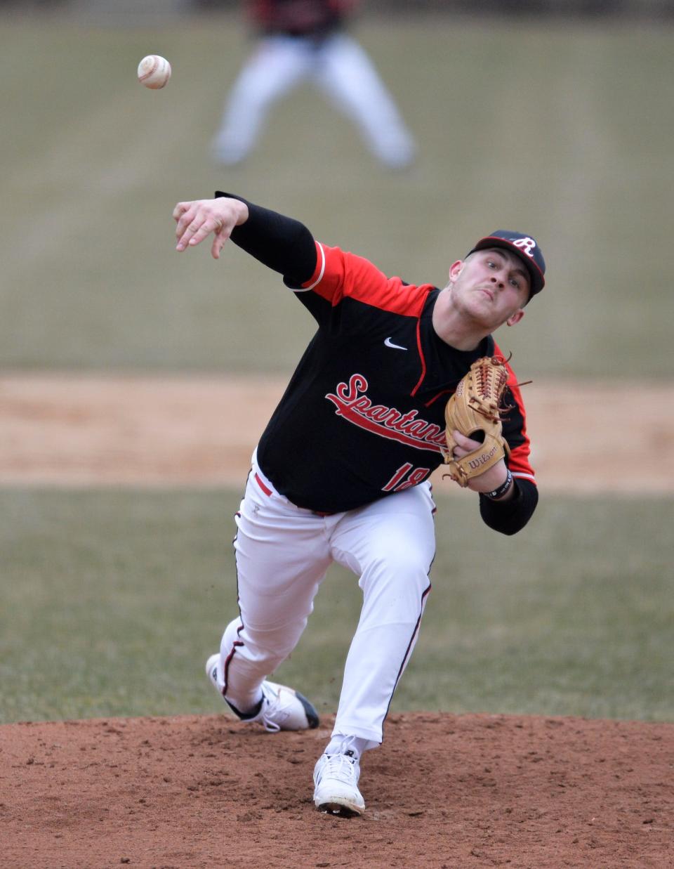 ROCORI's Brady Blattner became the starting pitcher for the Spartans as ROCORI hosts St. Cloud for a conference game on Tuesday, April 19, 2022, at Cold Spring Baseball Park. 
