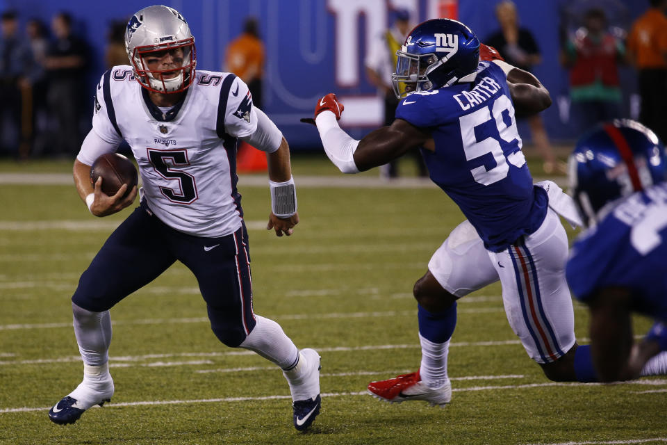 New England Patriots backup quarterback Danny Etling ran for an 86-yard touchdown on Thursday night in their preseason game against the New York Giants. (Getty Images)