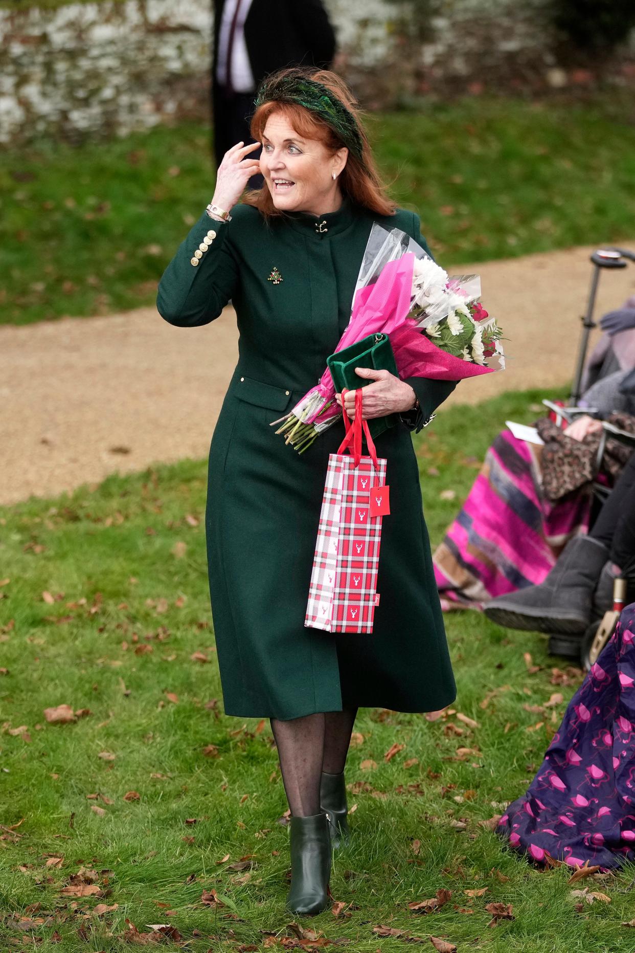 Sarah Ferguson, Duchess of York, arrives to attend the Christmas day service at St Mary Magdalene Church in Sandringham in Norfolk, England, Monday, Dec. 25, 2023.