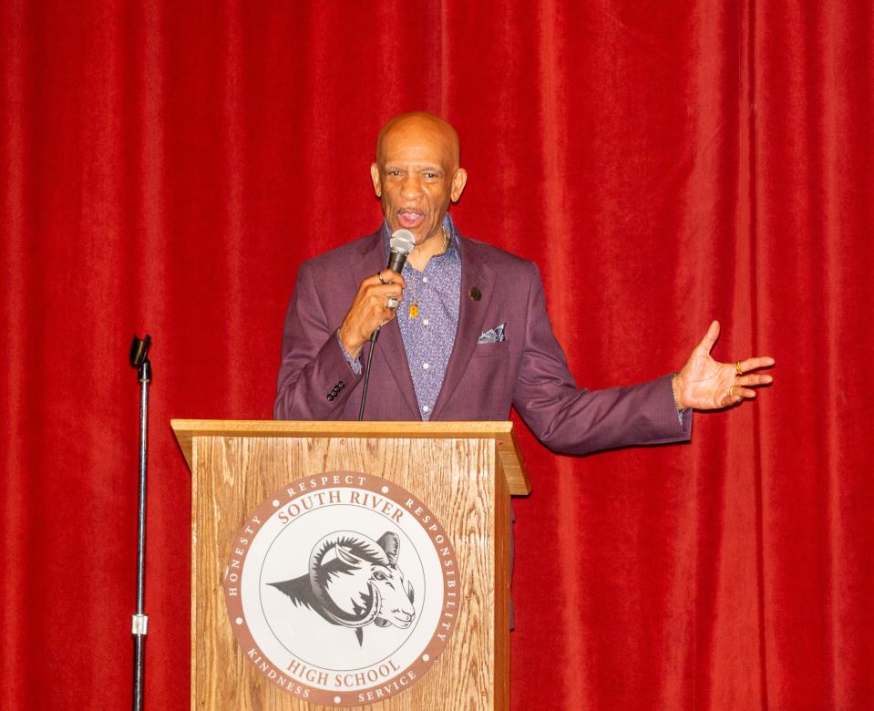Pro Football Hall of Famer Drew Pearson visited South River High School on Friday, where he graduated from in 1969.