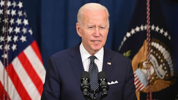 PHOTO: President Joe Biden speaks to the press after taking part in a working session with Saudi Arabias Crown Prince at the Al-Salam Palace in Jeddah, Saudi Arabia on July 15, 2022. (Mandel Ngan/AFP via Getty Images)