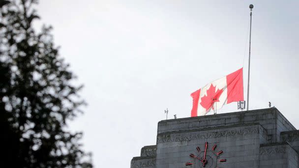 PHOTO: The Canadian national flag flies at half-mast on the city hall building in Vancouver, British Columbia, March 11, 2021. (Xinhua News Agency/Getty Images, FILE)