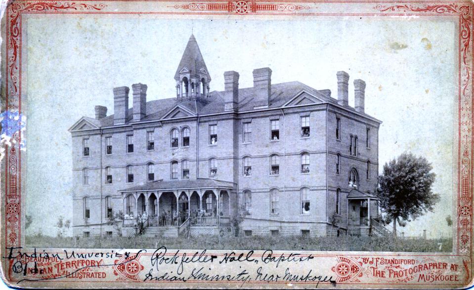 Rockefeller Hall, Indian University, was first called the Baptist Academy. The university was renamed Bacone College in 1910. Rockefeller Hall was built in 1885.