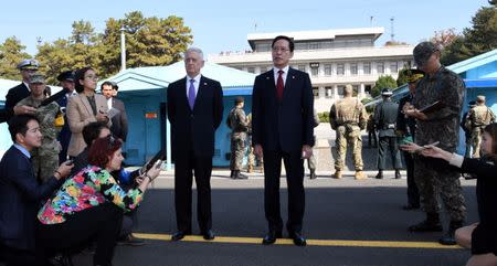 U.S. Defense Secretary Jim Mattis and South Korean Defense Minister Song Young-moo visit the truce village of Panmunjom, South Korea October 27, 2017. Yonhap/via REUTERS