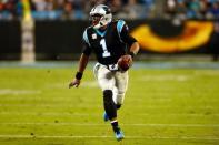 Nov 13, 2017; Charlotte, NC, USA; Carolina Panthers quarterback Cam Newton (1) runs the ball during the third quarter against the Miami Dolphins at Bank of America Stadium. Jeremy Brevard-USA TODAY Sports