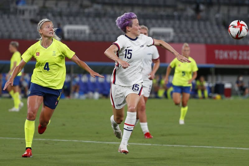 United States States National Team forward Megan Rapinoe (R), one of the central figures in the team's fight for equal pay, will participate in her final World Cup this month in Australia and New Zealand. File Photo by Bob Strong/UPI