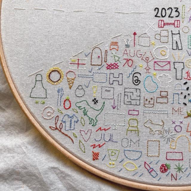 My 2023 embroidery journal is complete! This year I have icons  representing: my health, getting a full time job that I love, traveling  across the UK and to California to see family, celebrating 2 years with my  boyfriend, and so much more. I can't wait to see what