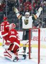 Vegas Golden Knights center Jack Eichel (9) celebrates after his goal against Detroit Red Wings goaltender Ville Husso (35) during the first period of an NHL hockey game Saturday, Dec. 3, 2022, in Detroit. (AP Photo/Duane Burleson)