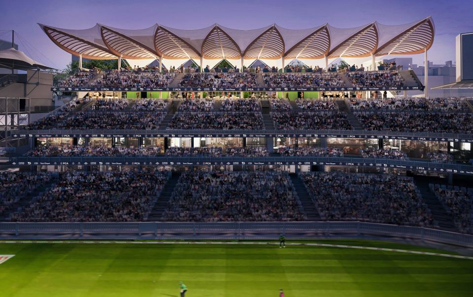 How the new Tavern Stand at Lord's will look at night-time - First pictures: How Lord’s will look for 2027 Ashes after latest rebuild - WilkinsonEyre