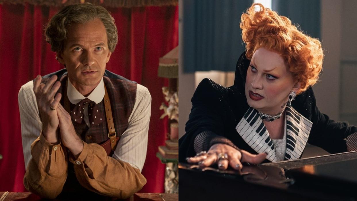  From left to right: Neil Patrick Harris as The Toymaker leaning against a table and Jinkx Monsoon as Maestro stretching her hands across a piano. 