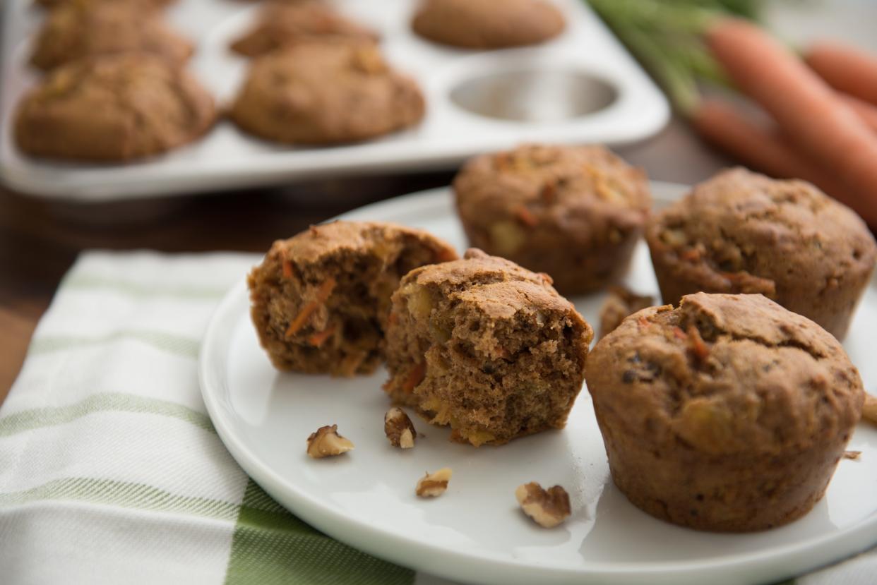 Carrot Cake Muffins have 171 calories and 2.5 grams of fat per serving.