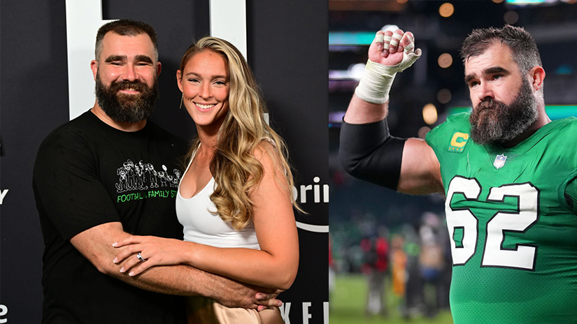 jason and kylie kelce together at 'kelce' premiere and jason kelce on the field in eagles kelly green uniform
