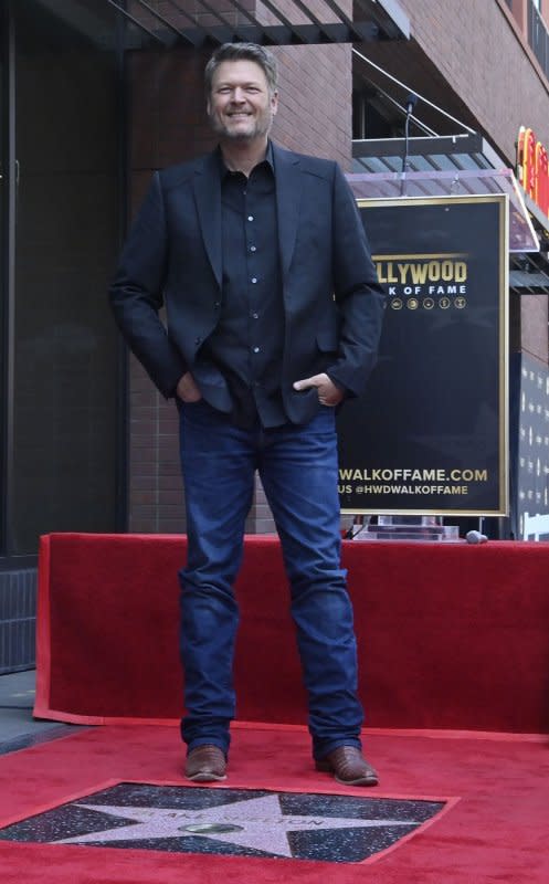 Blake Shelton stands beside his star during an unveiling ceremony honoring him with the 2,755th star on the Hollywood Walk of Fame on May 12, 2023. The musician turns 48 on June 18. File Photo by Jim Ruymen/UPI