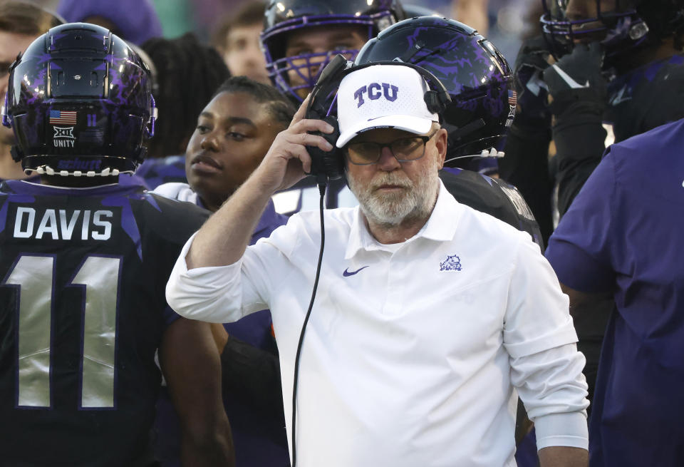 TCU interim coach Jerry Kill watches from the sideline as TCU played Kansas during the second half of an NCAA college football game Saturday, Nov. 20, 2021, in Fort Worth, Texas. TCU won 31-28. (AP Photo/Ron Jenkins)