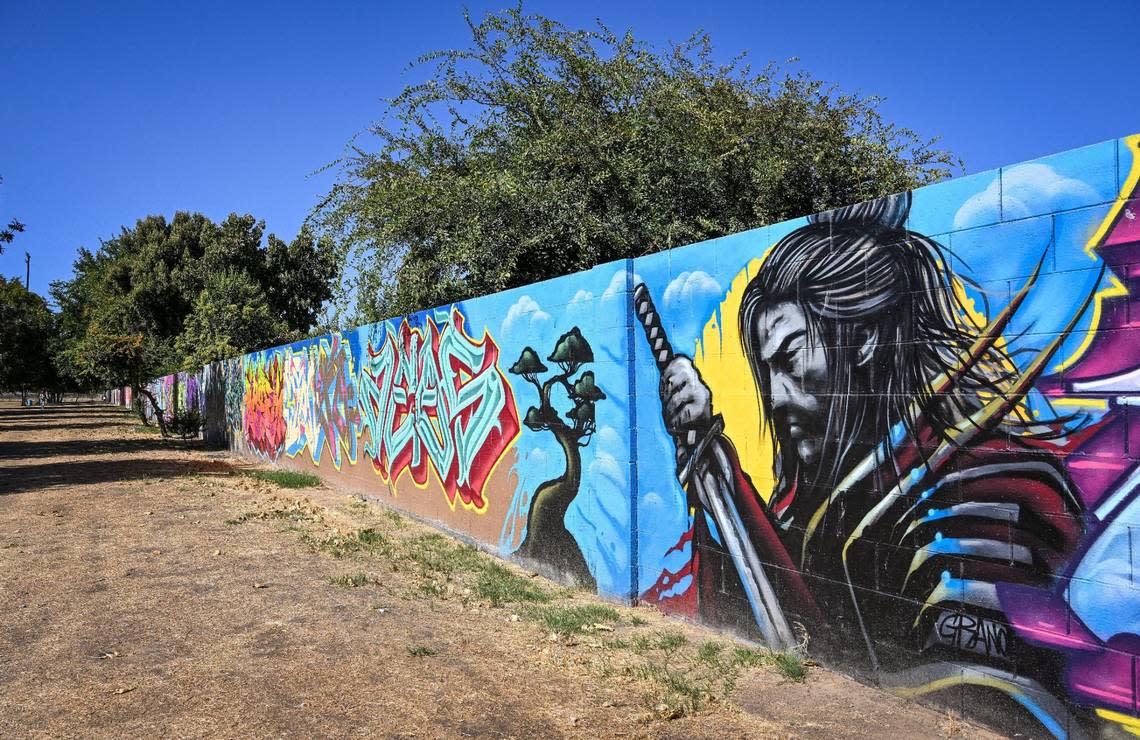 The Calwa Park Art Wall is a quarter-mile-long section of wall on the east side of Calwa Park south of Fresno that features 90 different panels of graffiti art. Artists from around Fresno, California and beyond have been able to display their painted art on an 8 to 17 foot section of the wall that stays up until all the other spots on the wall are painted over, and minimum of 2 weeks.