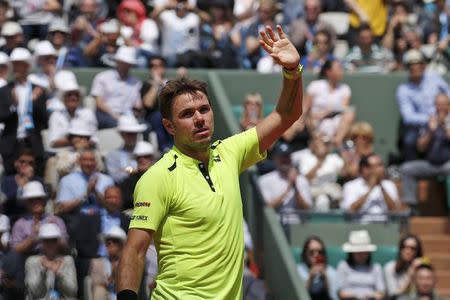 Tennis - French Open - Roland Garros - Taro Daniel of Japan vs Stan Wawrinka of Switzerland - Paris, France - 25/05/16. Stan Wawrinka celebrates. REUTERS/Benoit Tessier