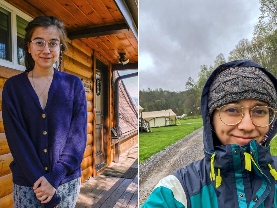 The author stays in a cabin (L) and a glamping tent (R) during her trip.