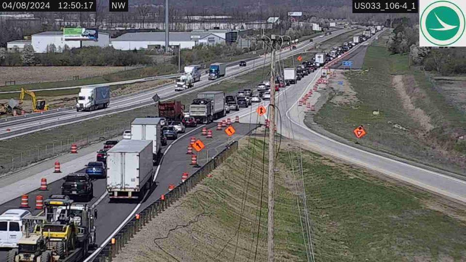 Traffic is moving slowing along U.S. 33 west between Dublin and Marysville.