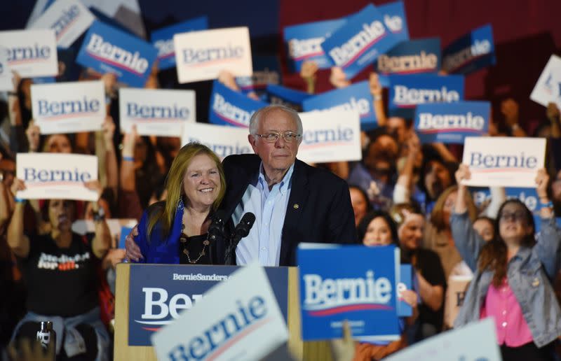 U.S. Democratic presidential candidate Senator Bernie Sanders celebrates after being declared the winner of the Nevada Caucus as he holds a campaign rally in San Antonio, Texas, U.S.