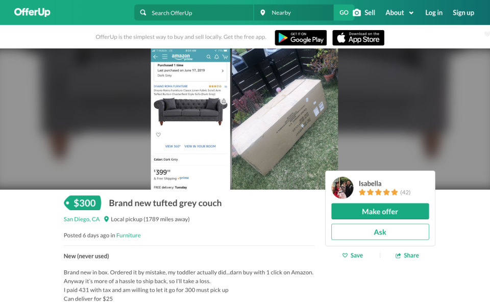 Thanks to 1-Click shopping a toddler accidentally, we're guessing, bought a couch on Amazon. Now it's for sale on OfferUp.