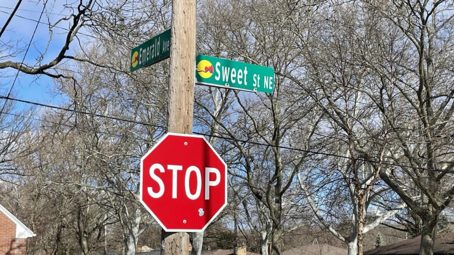 A Grand Rapids street sign showing the intersection for Sweet Street and Emerald Avenue.