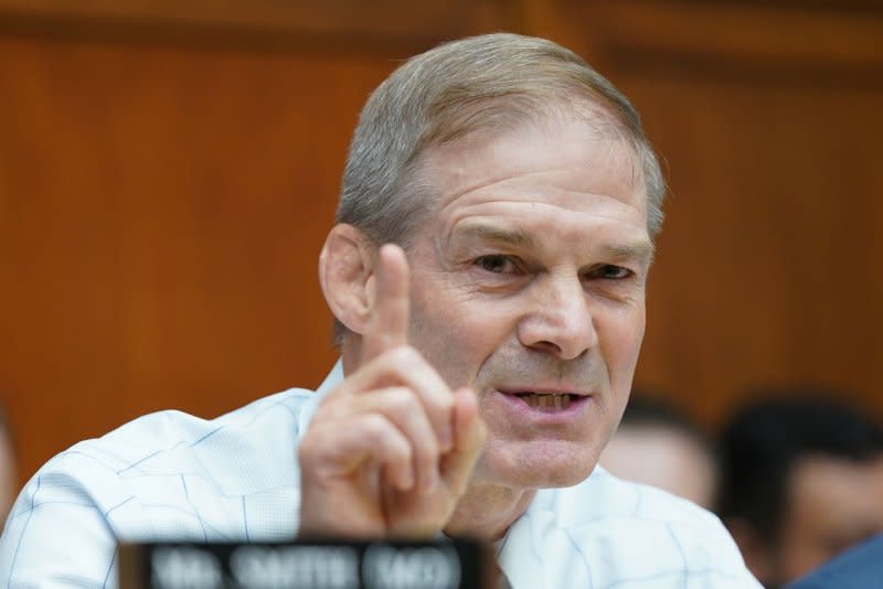 Rep. Jim Jordan, R-Ohio, chaired a contentious House subcommittee hearing on the weaponization of the federal government on Thursday. Photo by Bonnie Cash/UPI