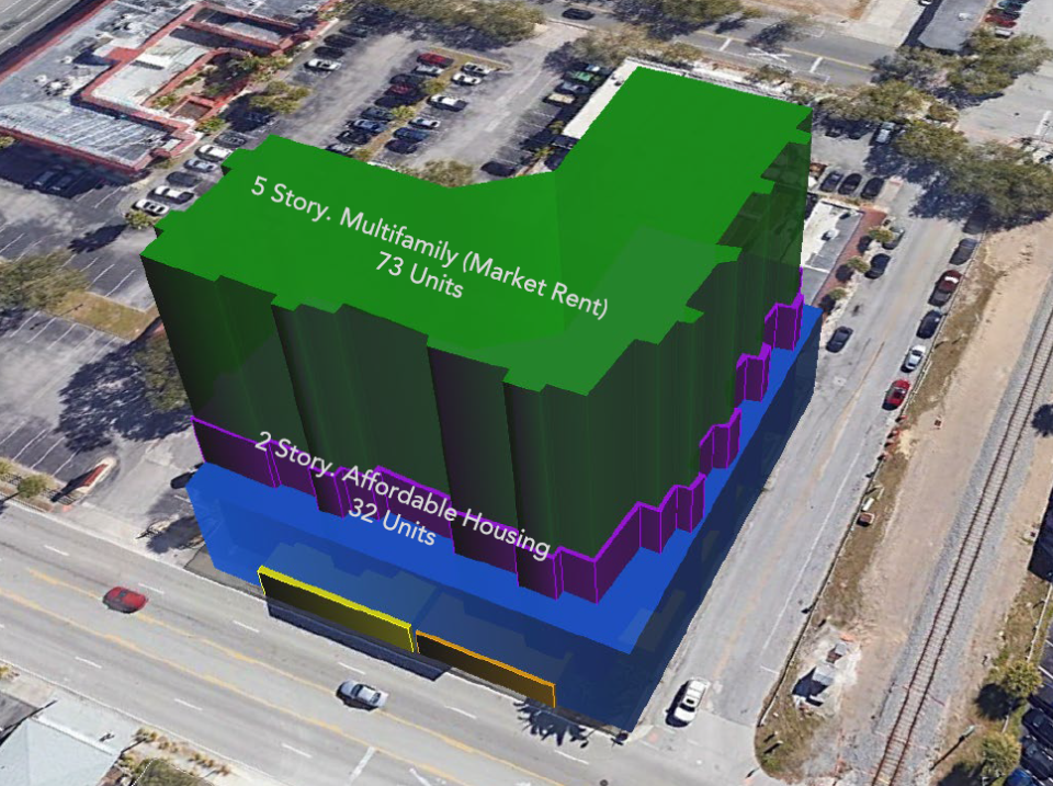 Adëlon Capital's new development proposal for the Melbourne Regional Chamber property includes seven floors containing 105 apartments atop four levels of parking.