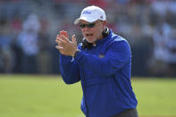 Tulsa head coach Philip Montgomery reacts during the first half of an NCAA college football game against Mississippi in Oxford, Miss., Saturday, Sept. 24, 2022. (AP Photo/Thomas Graning)