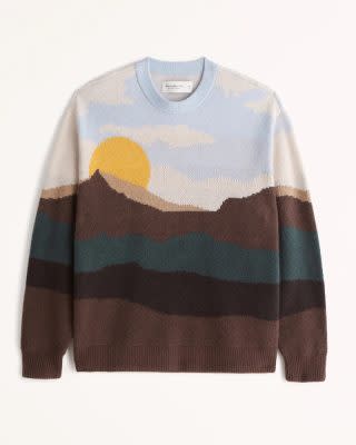 mountain print woven in this men's crew neck sweater