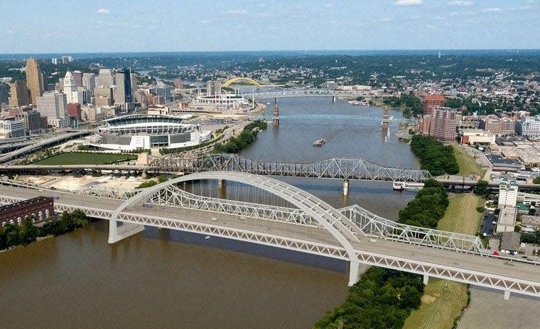 A tied arch design is one option for the companion bridge that will be built next to the existing Brent Spence Bridge. Ohio and Kentucky officials used this rendering when they applied for federal funding, calling it a "preliminary concept."