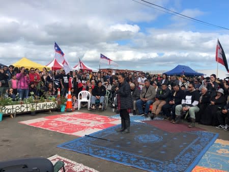 Protest leader Pania Newton speaks during a rally at Ihumatao, Auckland