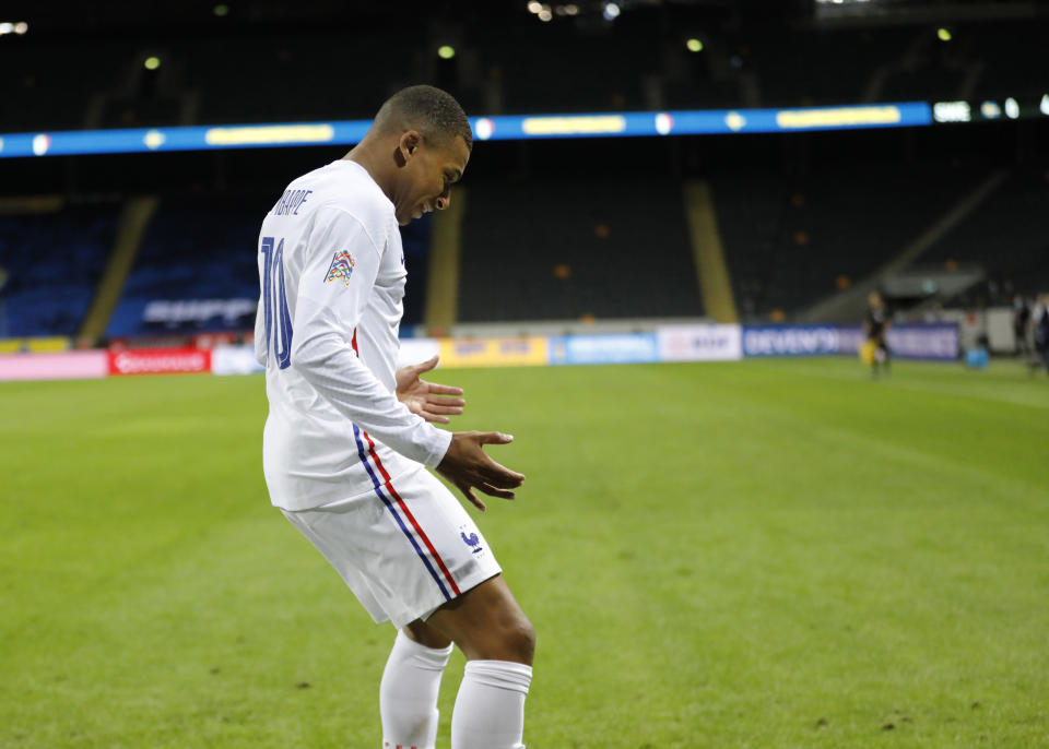 France's Kylian Mbappe celebrates his goal during the UEFA Nations League soccer match between Sweden and France at Friends Arena, Saturday, Sept. 5, 2020, in Stockholm, Sweden. (Christine Olsson/TT via AP)