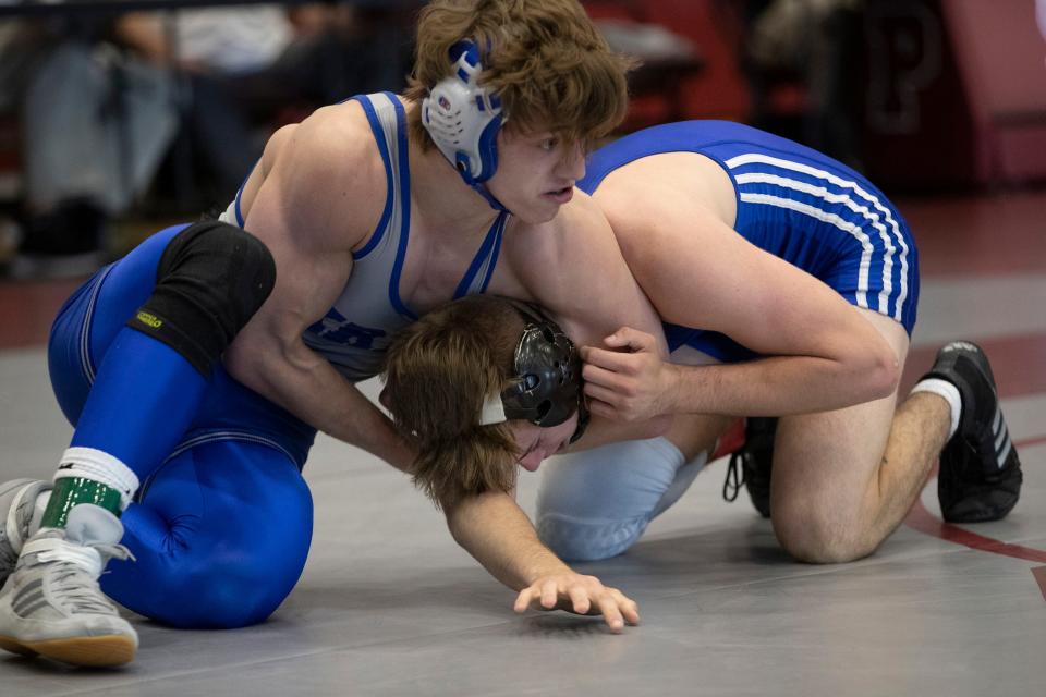 Kittatinny Steven Dalling defeats Michael McGhee of Shore Regional 4-3 in their 152 lbs bout in the Prequarterfinal round. NJSIAA State Wrestling Championships at Phillipsburg High School on April 25, 2021. 