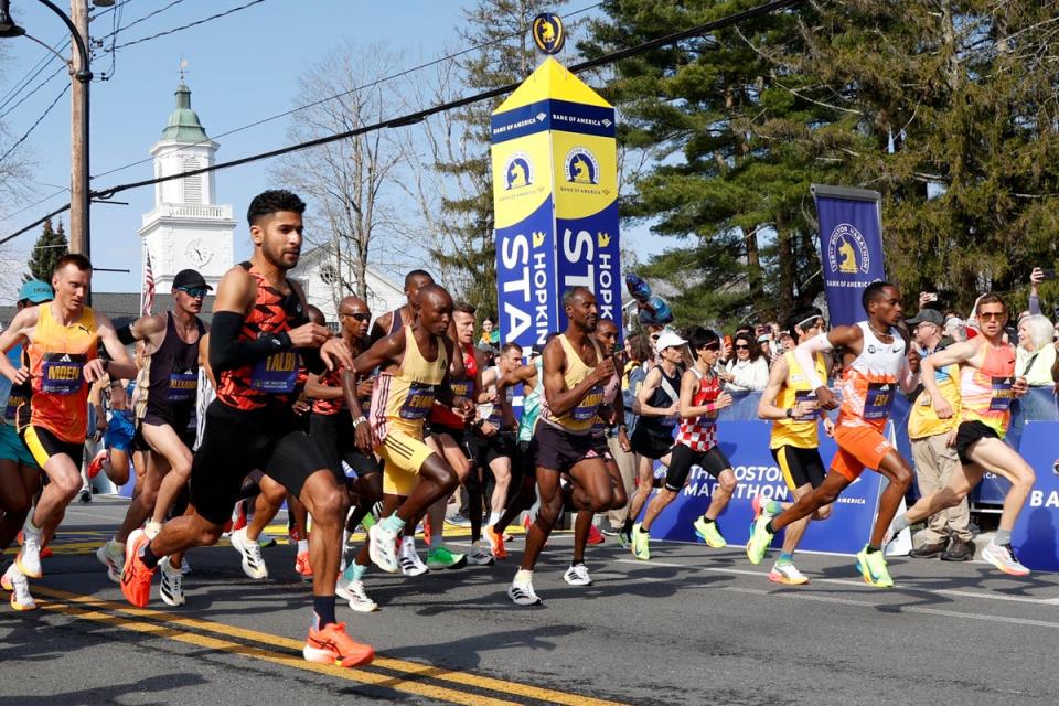 Elite male runners break from the start line of the Boston Marathon, Monday, April 15, 2024, in Hopkinton, Massachussetts (AP)