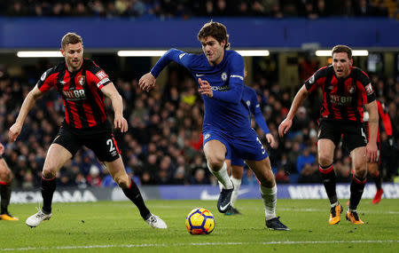 Soccer Football - Premier League - Chelsea vs AFC Bournemouth - Stamford Bridge, London, Britain - January 31, 2018 Chelsea's Marcos Alonso in action with Bournemouth's Simon Francis Action Images via Reuters/John Sibley