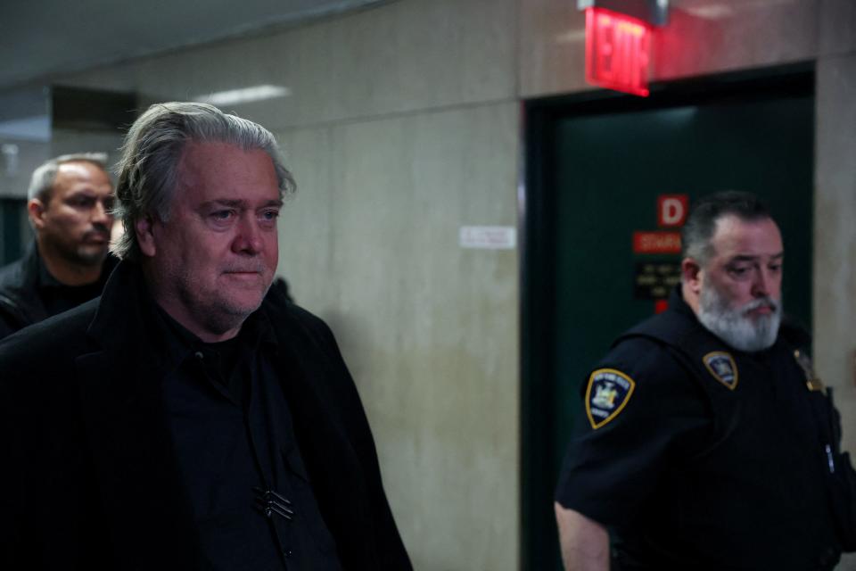 Former White House Chief Strategist Steve Bannon arrives at the New York State Supreme Court for a hearing, in New York City, on Feb. 28, 2023.