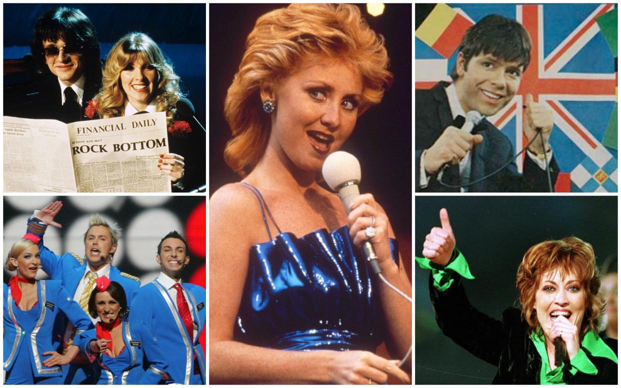 Clockwise from bottom left: Scooch, Lynsey de Paul and Mike Moran, Lulu, Cliff Richard, Katrina and the Waves