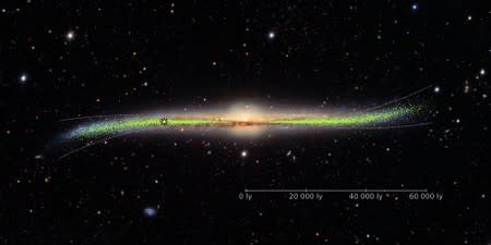 Handout illustration of the warped shape of the stellar disk of the Milky Way galaxy, determined by mapping the distribution of young stars called Cepheids with distances set out in light years