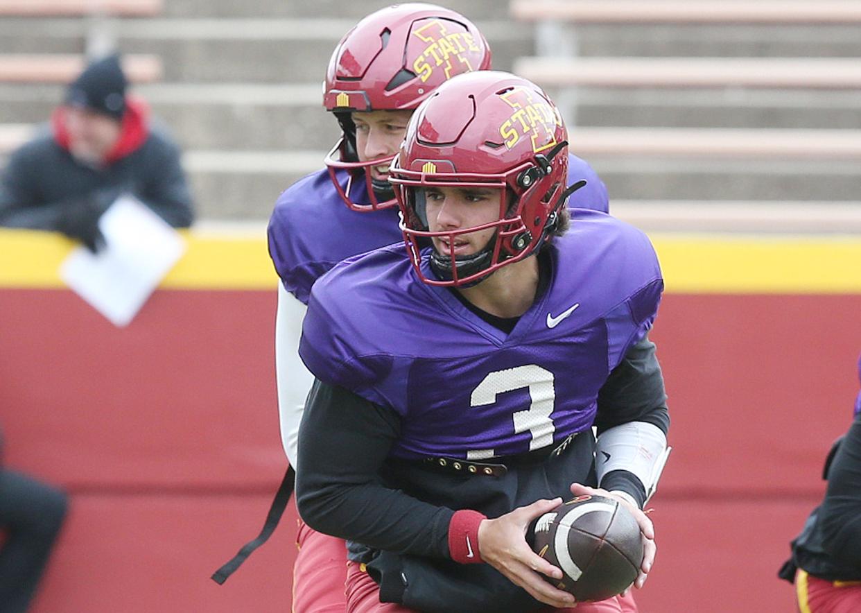 Iowa State starting quarterback Rocco Becht watched Saturday's spring game from the sidelines.