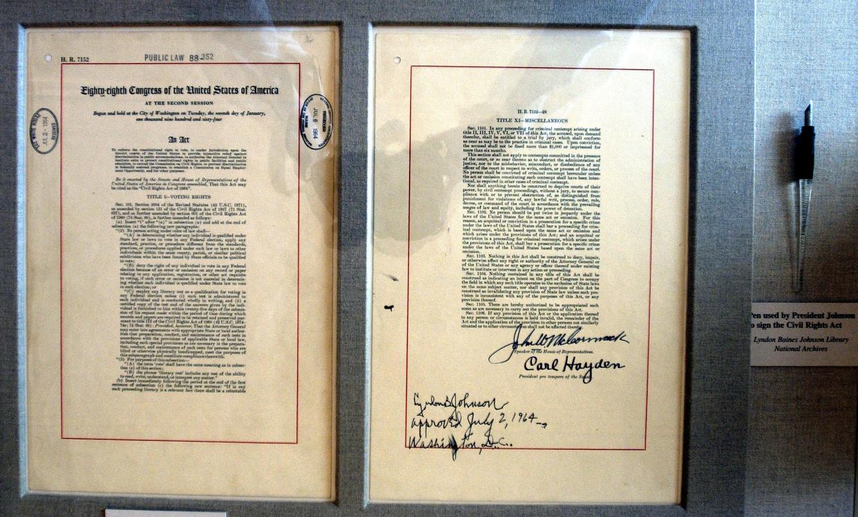 The actual Title VII of the Civil Rights Act of 1964 document and pen was on display in the East Room of the White House in Washington, D.C.