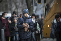 Children from an orphanage in Odesa, Ukraine, arrive at a hotel in Berlin, Friday, March 4, 2022. More than 100 Jewish refugee children who were evacuated from a foster care home in war-torn Ukraine and made their way across Europe by bus have arrived in Berlin. (AP Photo/Steffi Loos)