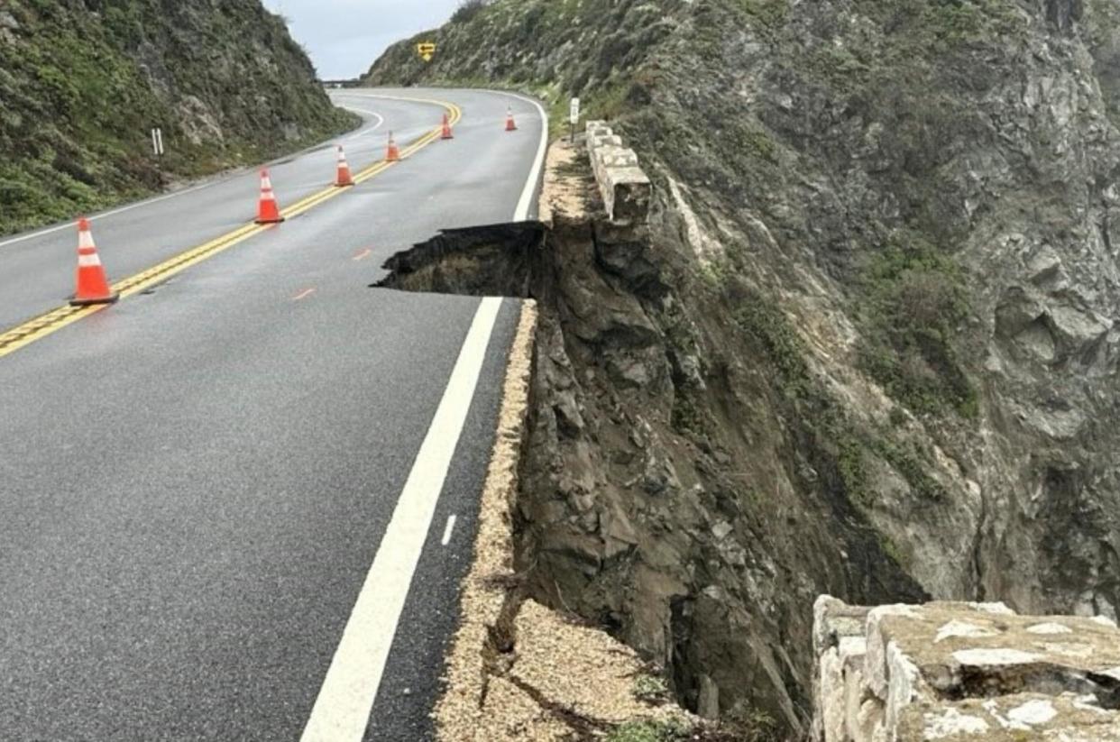 <span>The Rocky Creek closure on California Highway 1 in Monterey county following heavy rain on Sunday.</span><span>Photograph: AP</span>